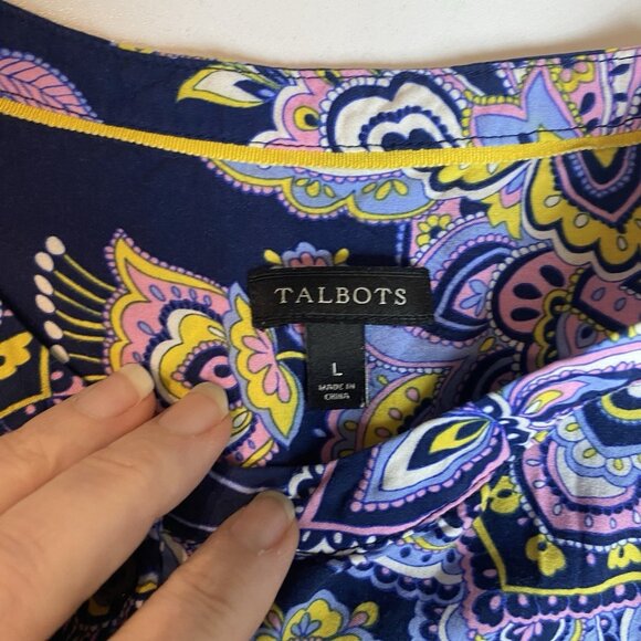 Talbots Womens Tunic Top Navy Blue Pink Paisley Button LS Classic Career Sz L - Picture 4 of 9